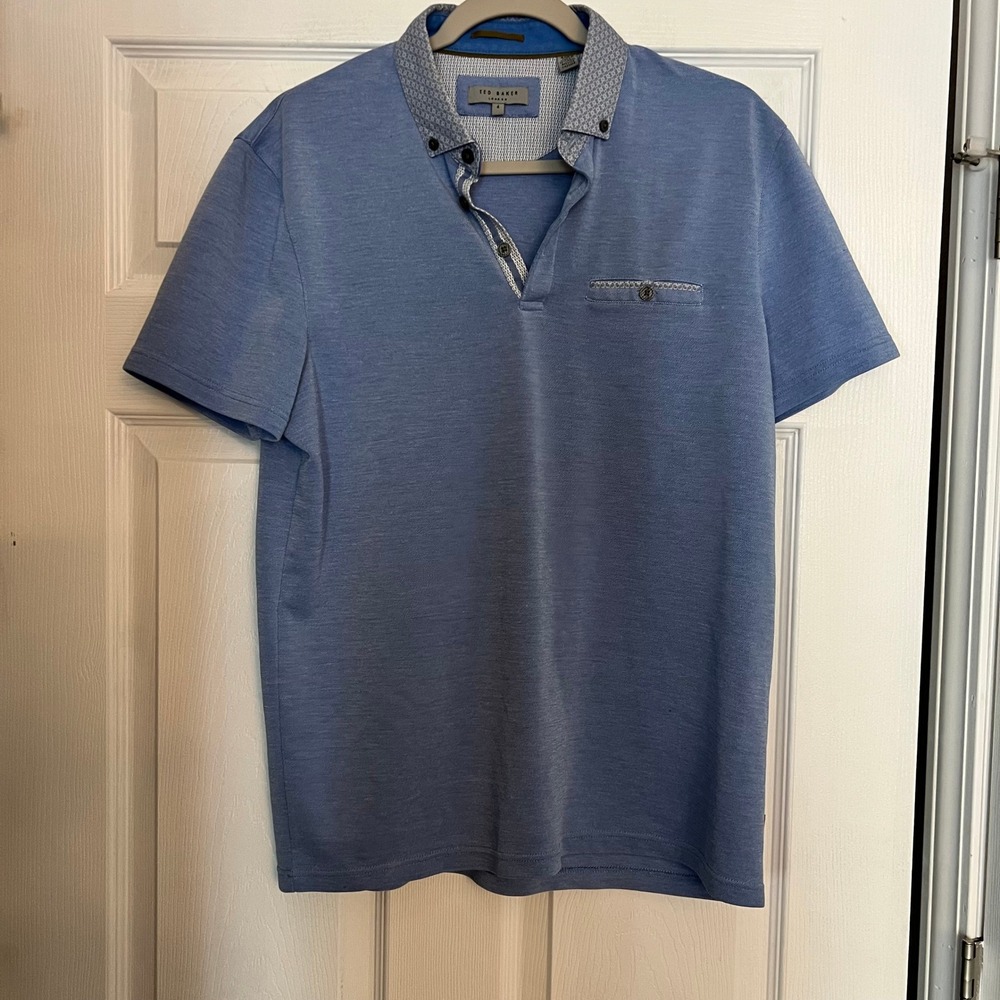 Ted Baker Polo Shirt Cotton Textured Light Blue Patterned Collar Size 4 L Preppy